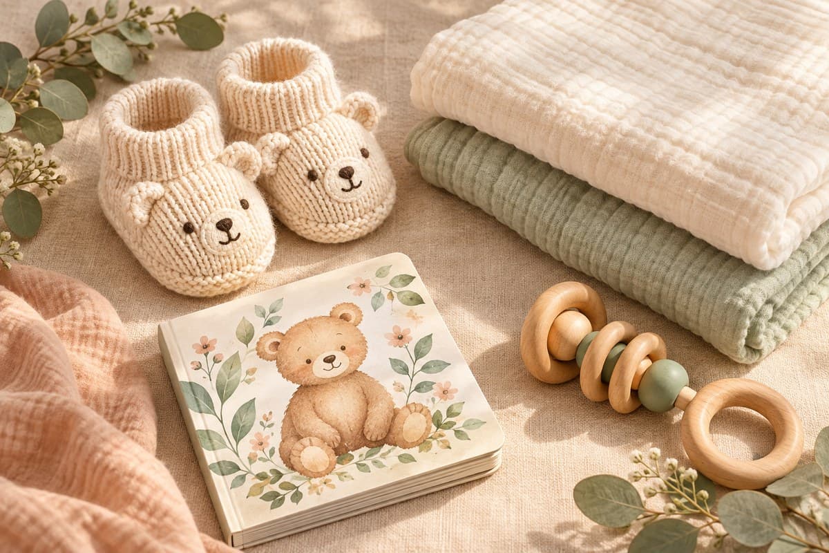 Baby booties, a keepsake book and a folded swaddle blanket