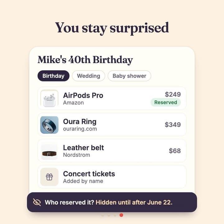 Eine Onelist-Wunschliste zu Mikes 40. Geburtstag mit vier Geschenken, eines davon schon von einem Freund reserviert