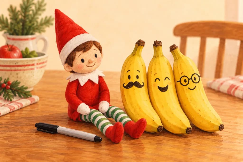 Elf doll beside three bananas with smiling faces drawn on their peels.