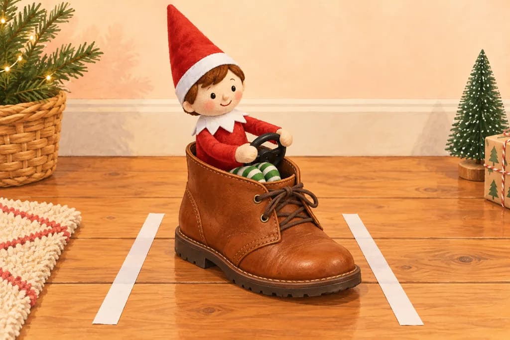 Elf doll sitting inside a brown boot parked between two paper lines.