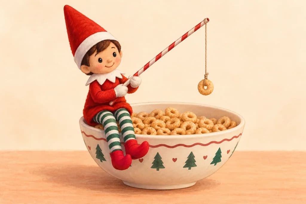 Elf doll fishing a cereal ring from a bowl with a paper straw and thread.