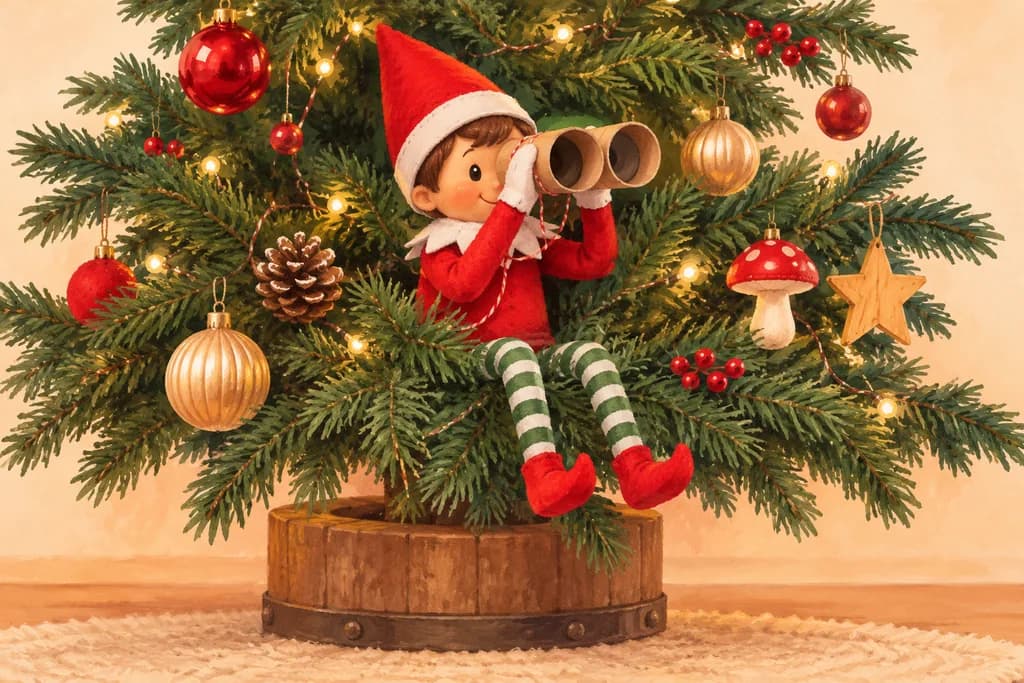 Elf doll nestled in low Christmas-tree branches with homemade cardboard binoculars.