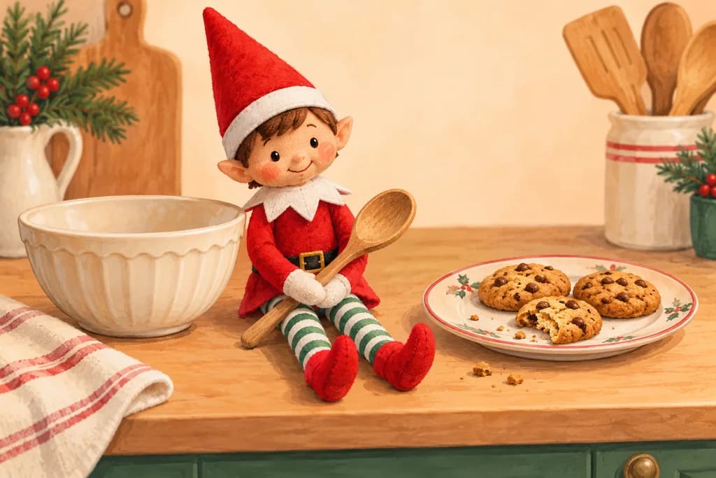 Elf doll with a wooden spoon beside a mixing bowl and a plate of cookies.