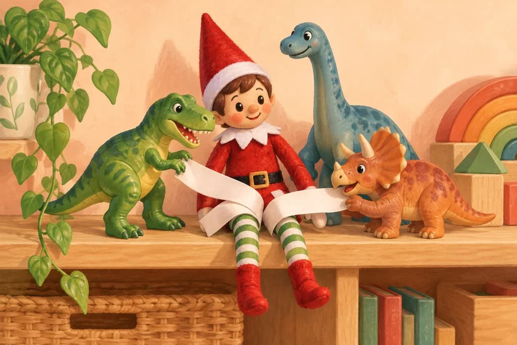 Elf doll surrounded by three toy dinosaurs with loose paper strips over its knees.