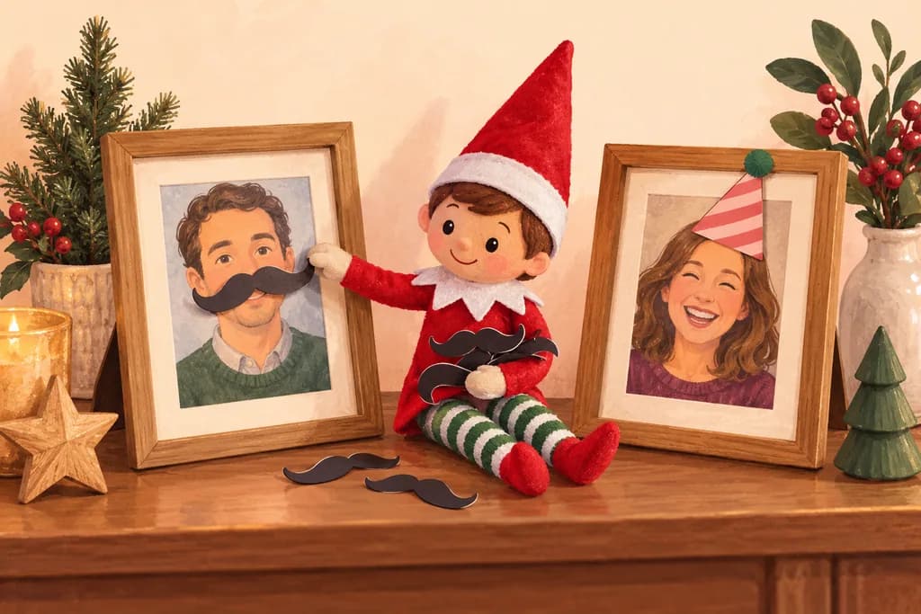 Elf doll beside framed portraits with removable paper mustaches and hats.