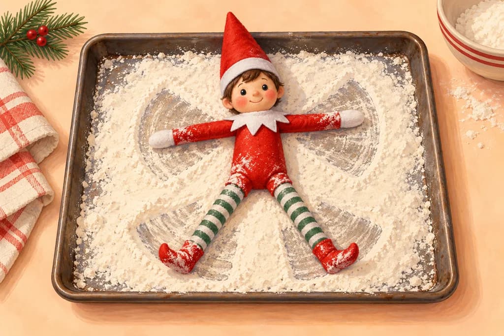 Elf doll lying in flour on a baking tray with swept snow-angel marks.
