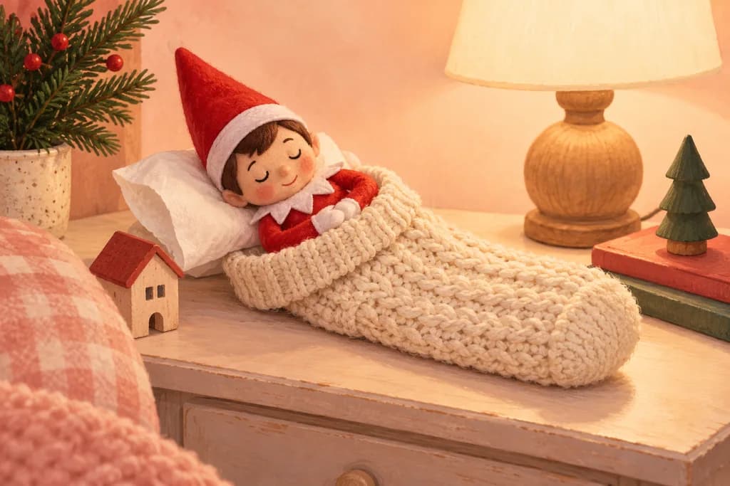 Christmas elf doll tucked into a knitted sock with a tissue pillow.