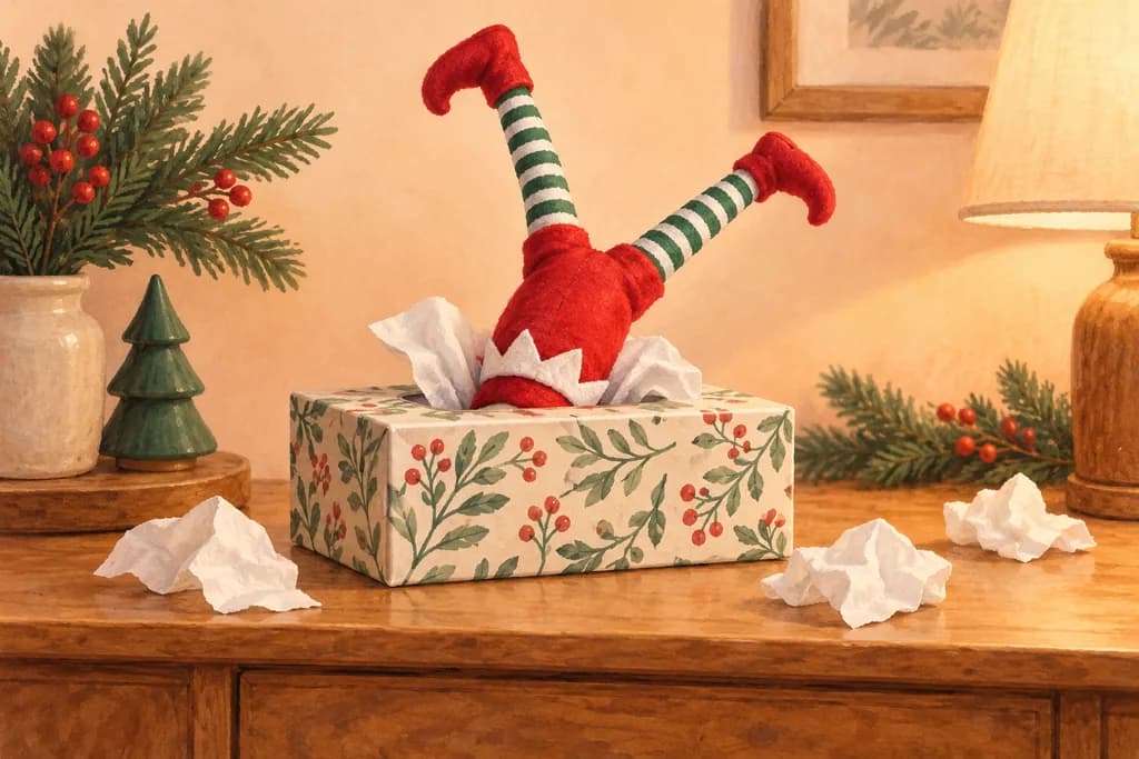 Elf doll stuck headfirst in a tissue box with striped legs pointing upward.