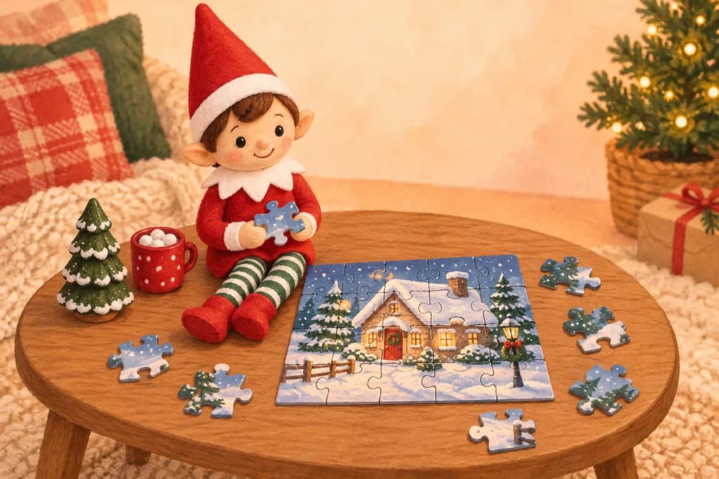 Elf doll beside a partly completed winter-house jigsaw and loose puzzle pieces.