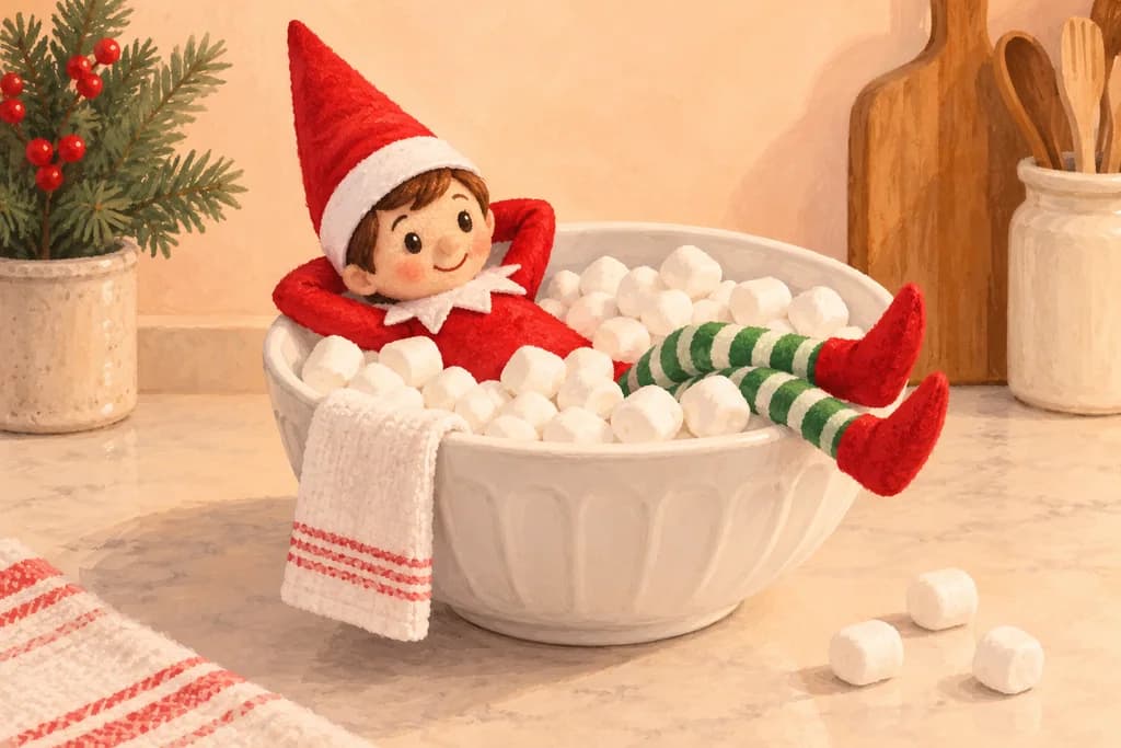Elf doll reclining in a white bowl filled with marshmallows like a bubble bath.