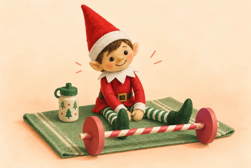 Elf doll on a cloth mat beside a homemade paper-straw barbell.
