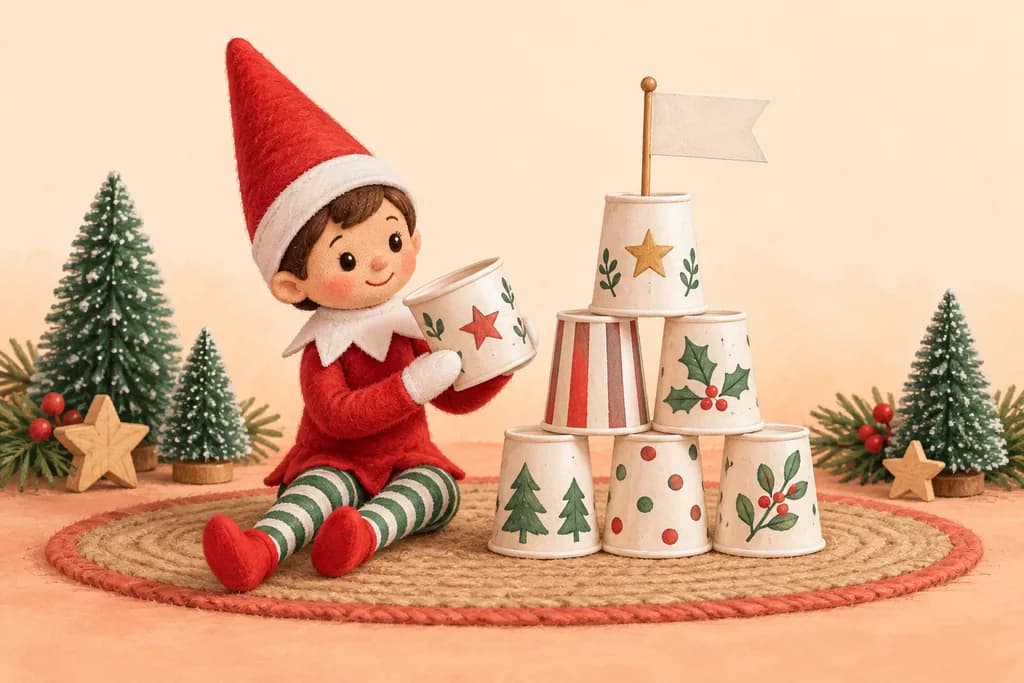 Elf doll beside a three-tier pyramid of paper cups with a small flag.