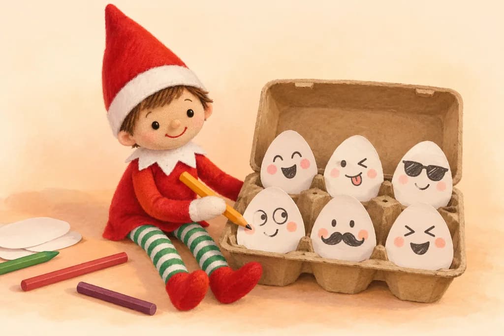 Elf doll drawing funny faces on flat paper eggs in a cardboard egg carton.
