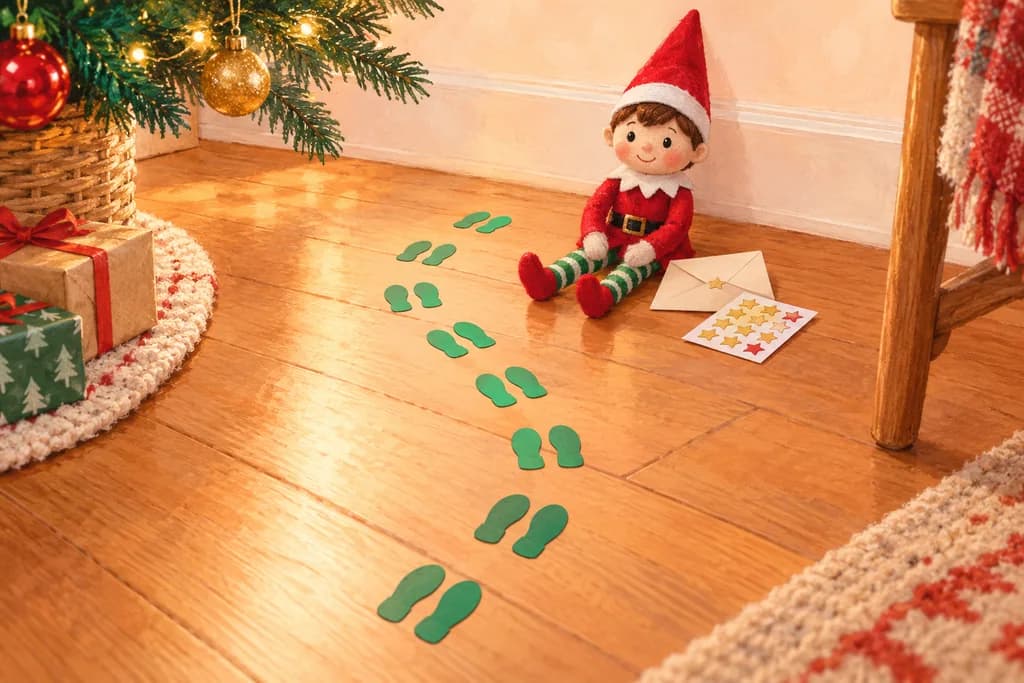 Green paper footprints leading across the floor to an elf doll and star stickers.