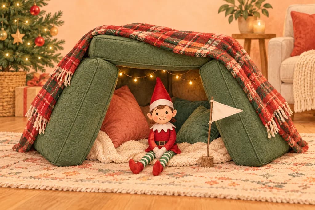 Elf doll at the entrance of a low sofa-cushion fort with a plaid blanket.