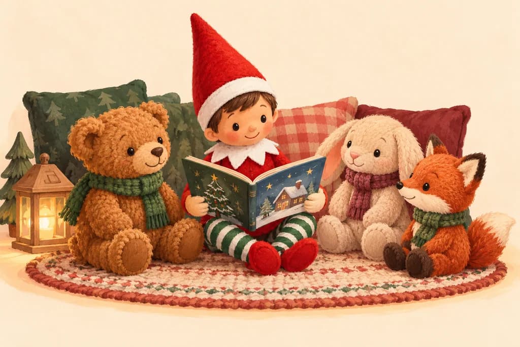 Elf doll reading a picture book to a teddy bear, rabbit and fox.