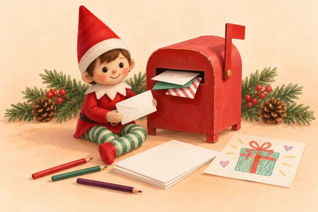 Elf doll beside a homemade red mailbox with envelopes, paper and colored pencils.