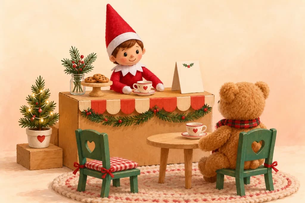 Elf doll serving a teddy bear at a tiny cardboard-box café with a toy cup.