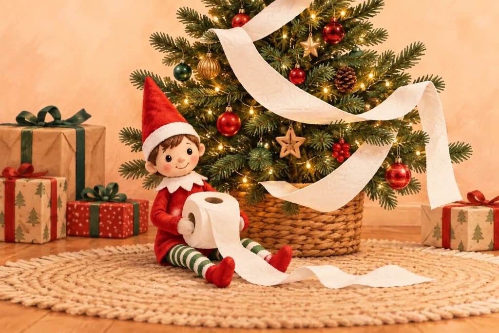 Elf doll holding a toilet-paper roll beside lower tree branches draped with paper.