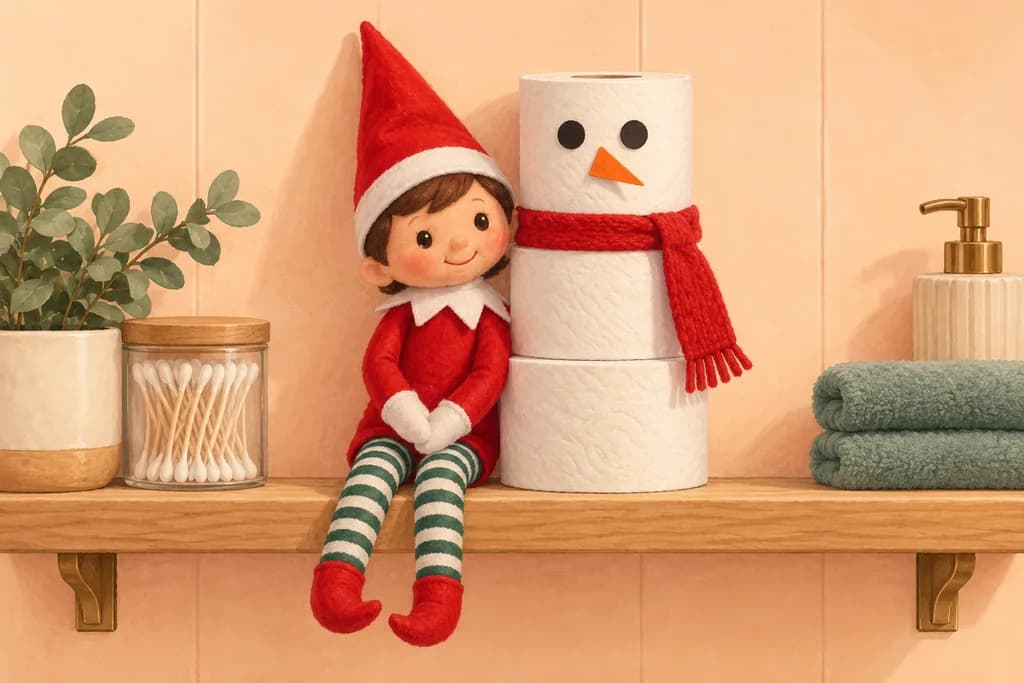 Elf doll beside a snowman made from three stacked toilet-paper rolls.