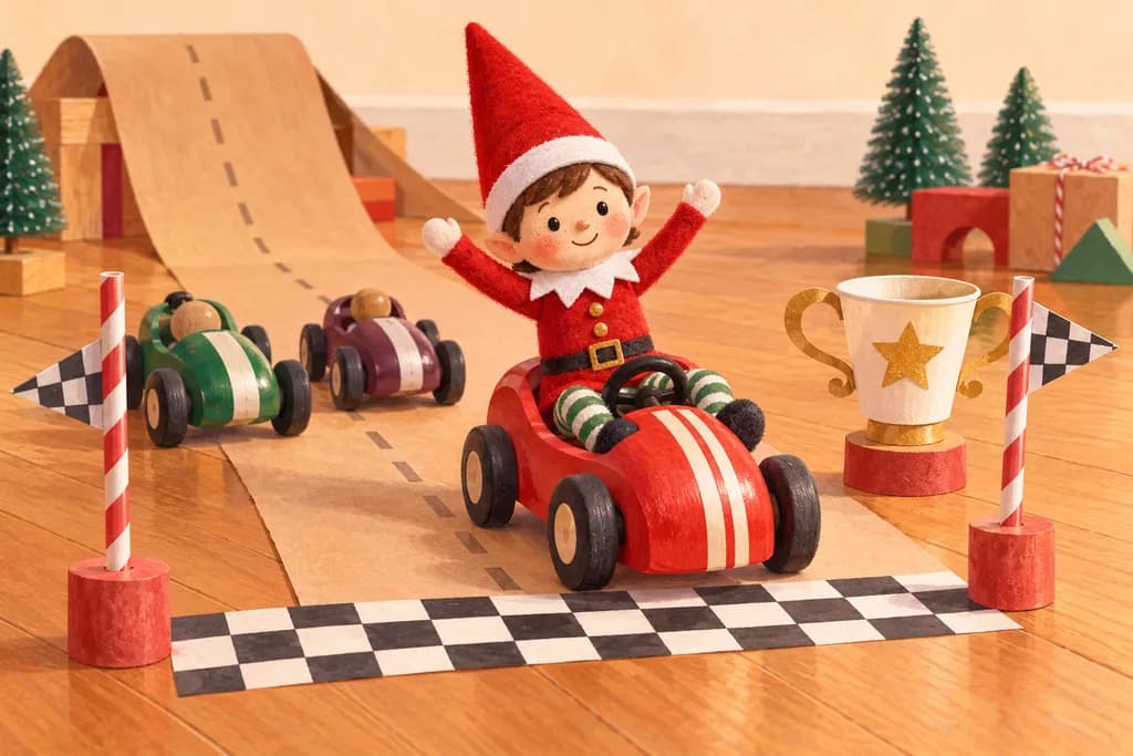 Elf doll in a red toy car at a paper finish line with other cars and a cup trophy.