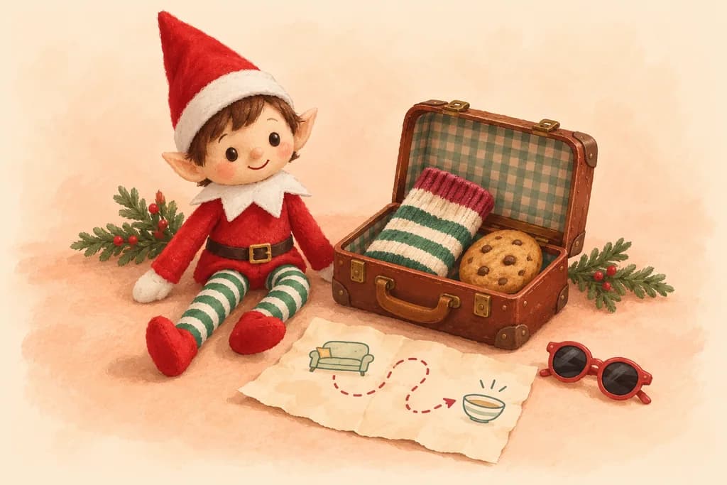 Elf doll beside a tiny suitcase packed with a sock and cookie and a hand-drawn map.