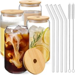 Glass Can Cups with Bamboo Lids and Glass Straws, 4-Pack