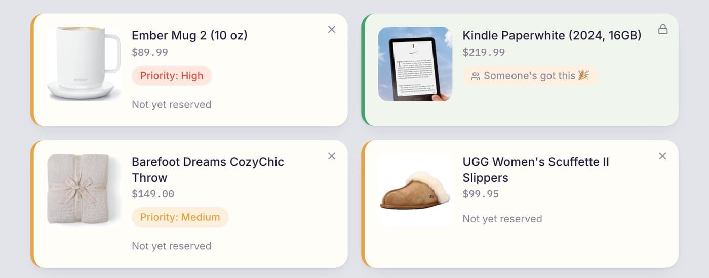 Your list after family reserved gifts: the Kindle card is green and says Someone's got this, the others still say Not yet reserved