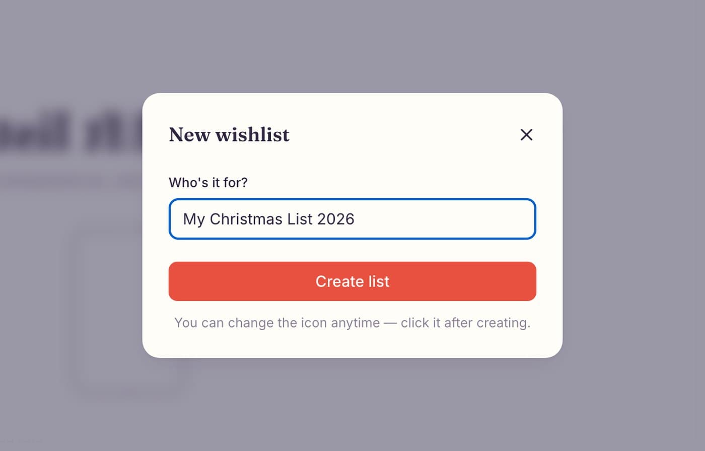 New wishlist window with the name My Christmas List 2026 and a Create list button