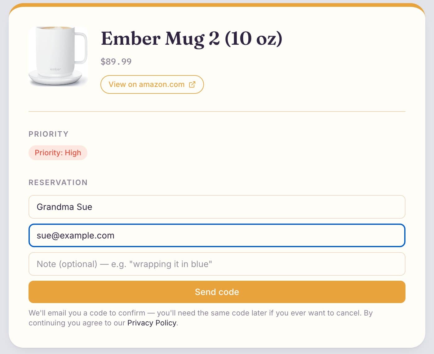Gift page where a guest types a name and email and presses Send code to reserve the gift