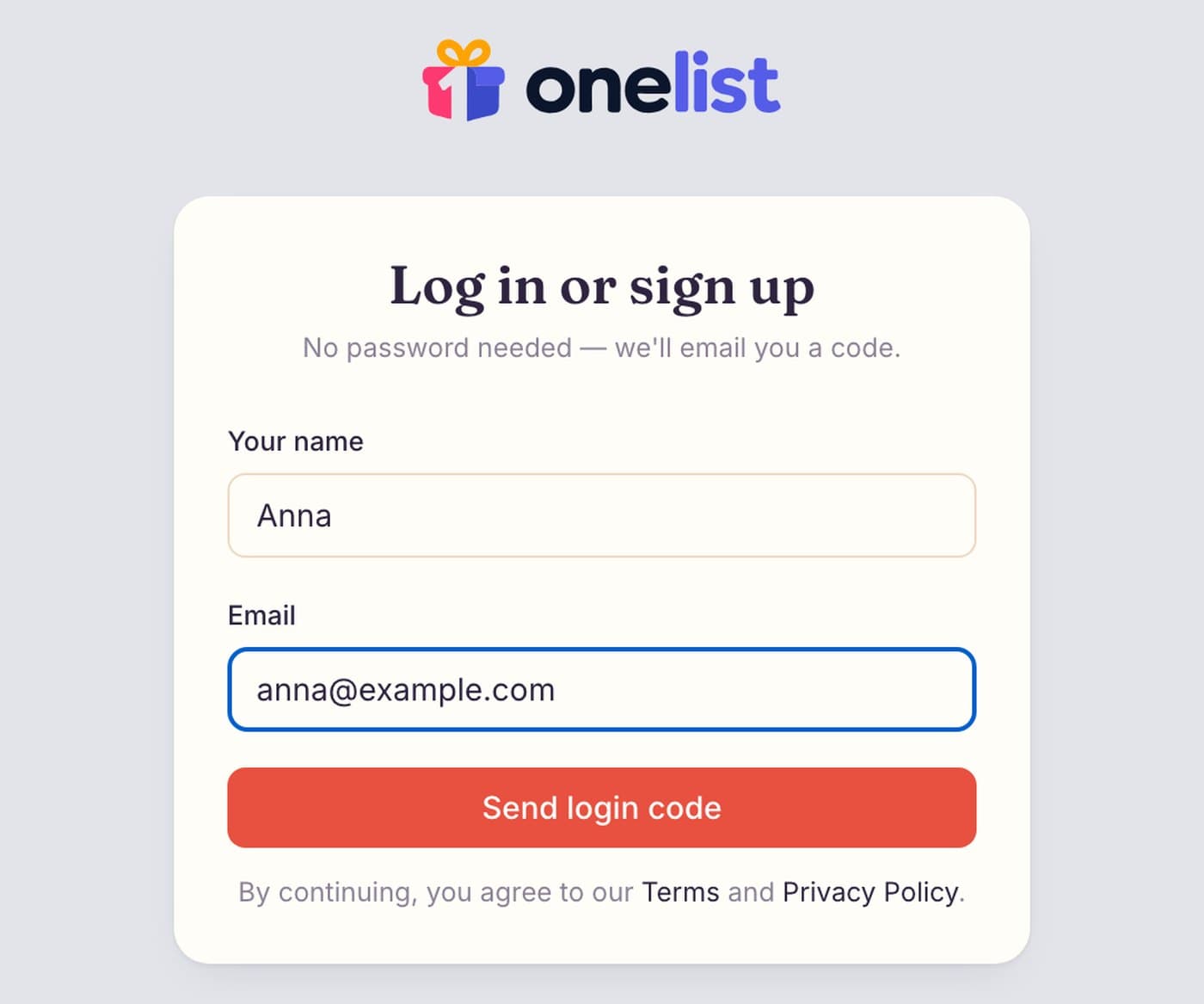 Onelist log in or sign up screen with name and email fields and a Send login code button