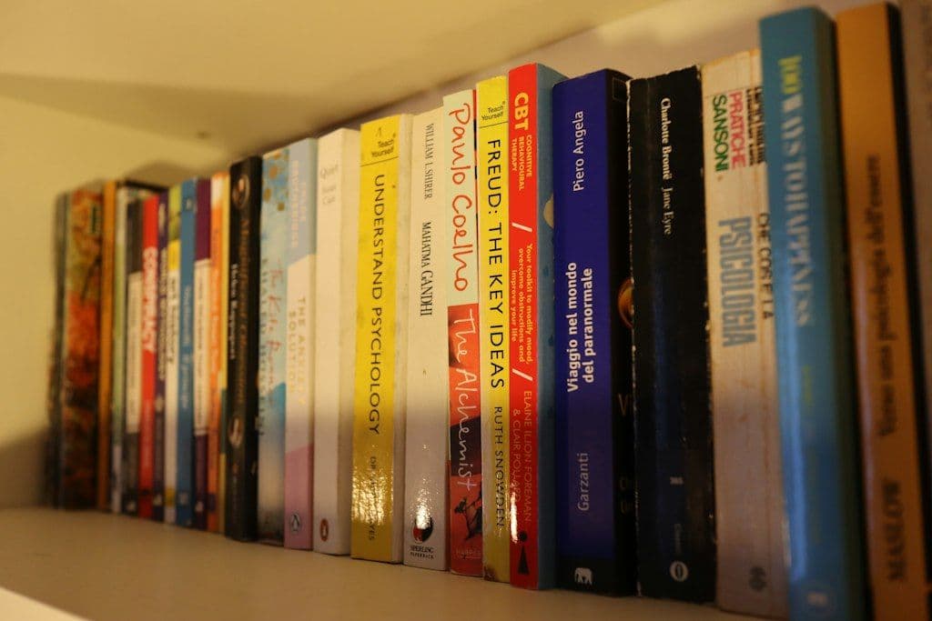 A row of books on a shelf, a reminder to write down which volume of a series you need next