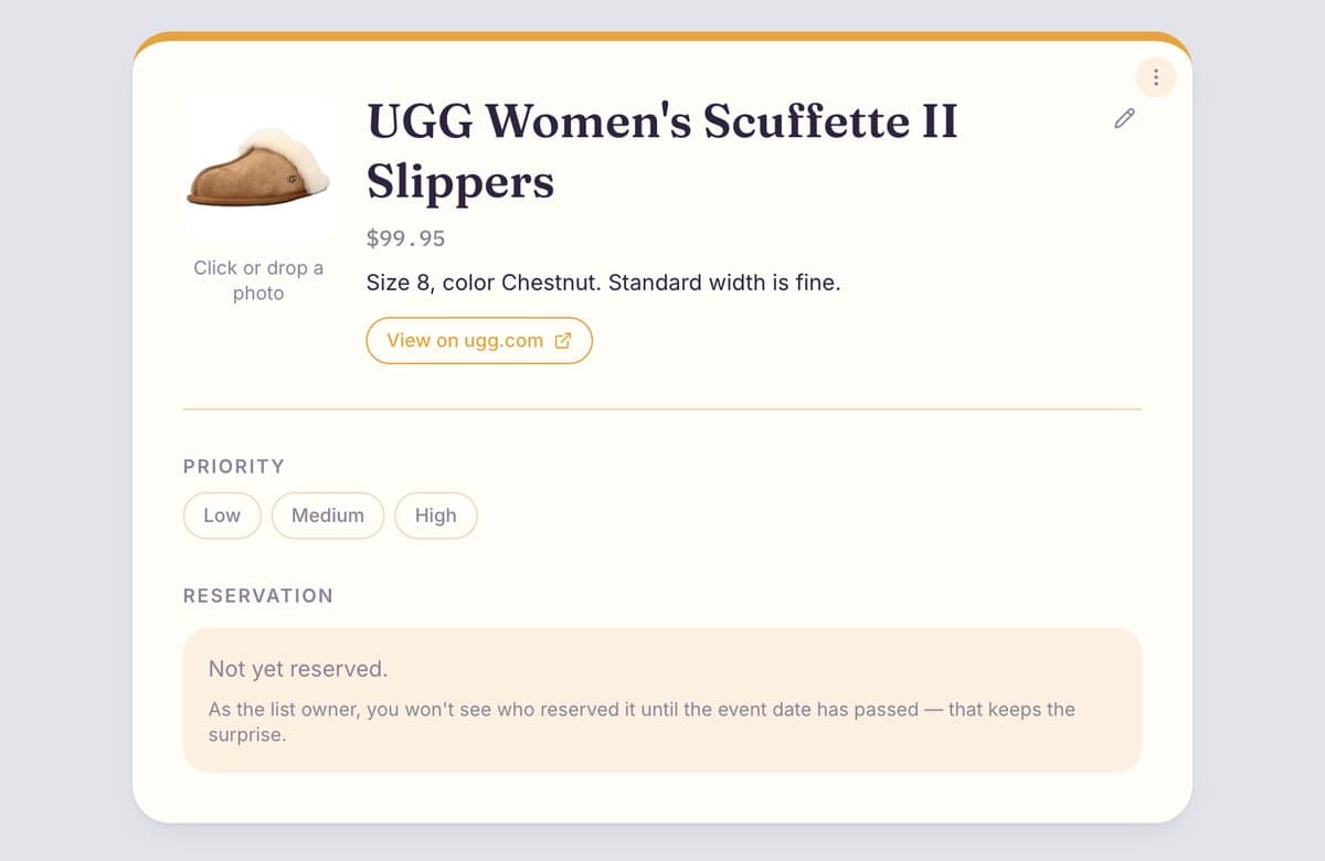 Gift page for UGG slippers with a note under the price: Size 8, color Chestnut, standard width is fine