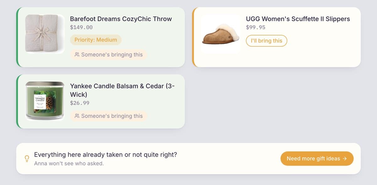 Guest view of a wishlist where most gifts are taken, with the banner Everything here already taken or not quite right and the button Need more gift ideas