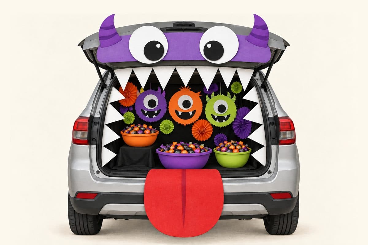 Friendly purple monster trunk with oversized eyes, white teeth, a red tongue, colorful paper monster faces and three candy bowls