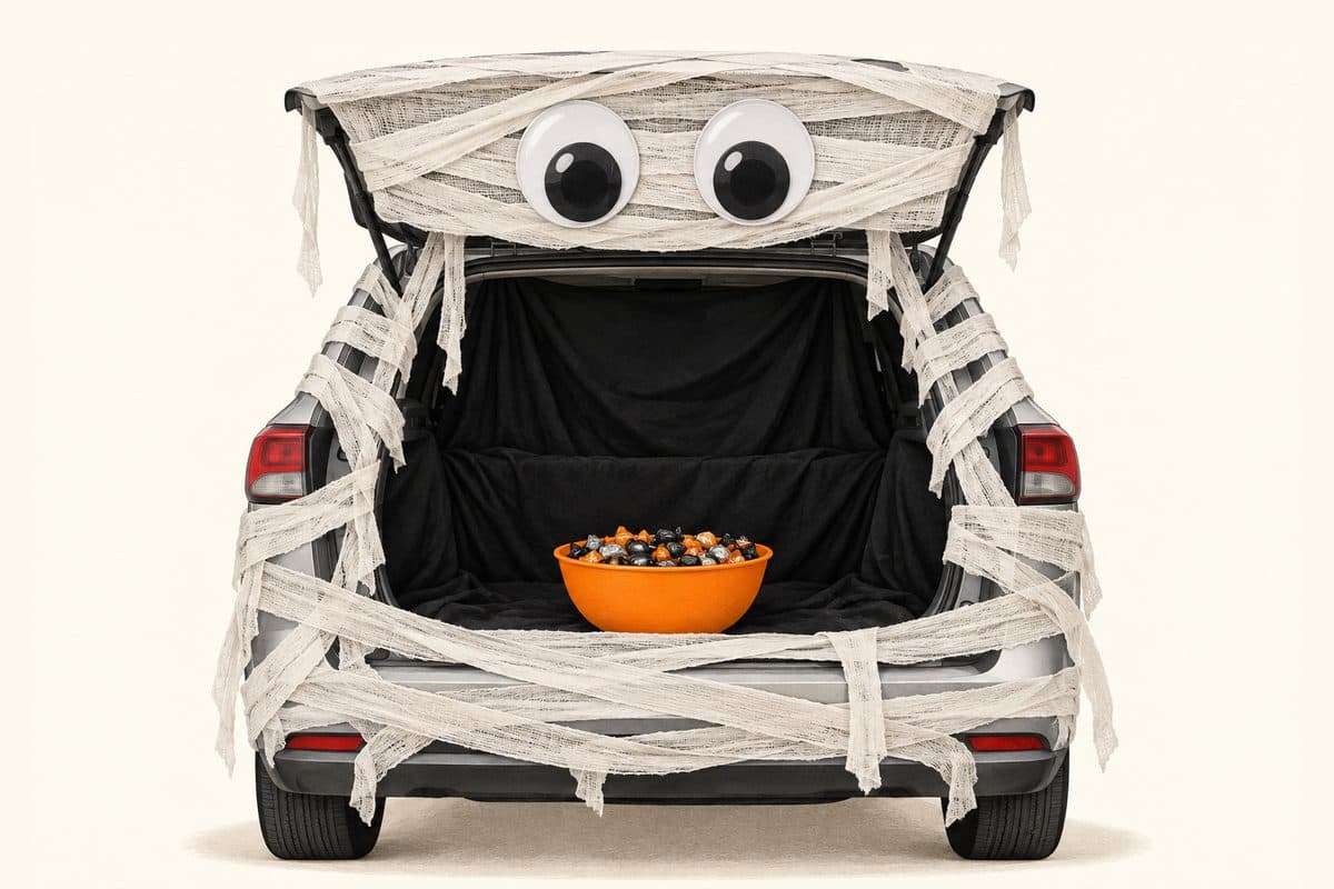 Mummy trunk or treat setup with white gauze bandages, giant googly eyes and an orange candy bowl