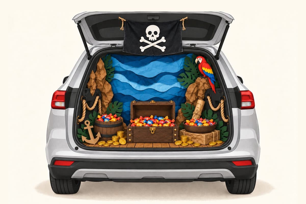 Pirate trunk with a skull flag, blue sea backdrop, a candy-filled treasure chest and two extra candy containers, a cardboard anchor and gold coins