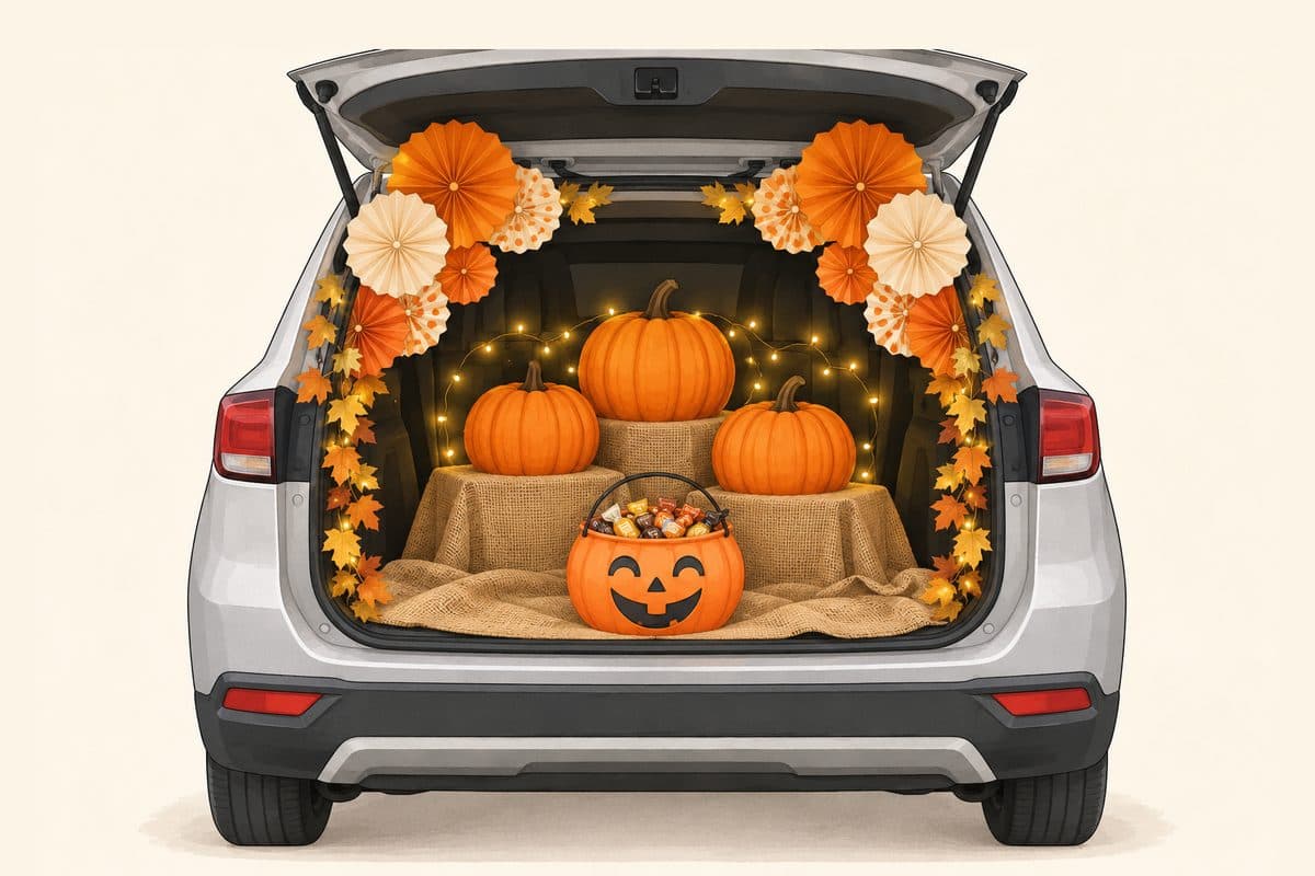 Cute pumpkin patch trunk or treat setup with orange pumpkins, cream and orange paper fans, fall leaves and a smiling candy bucket