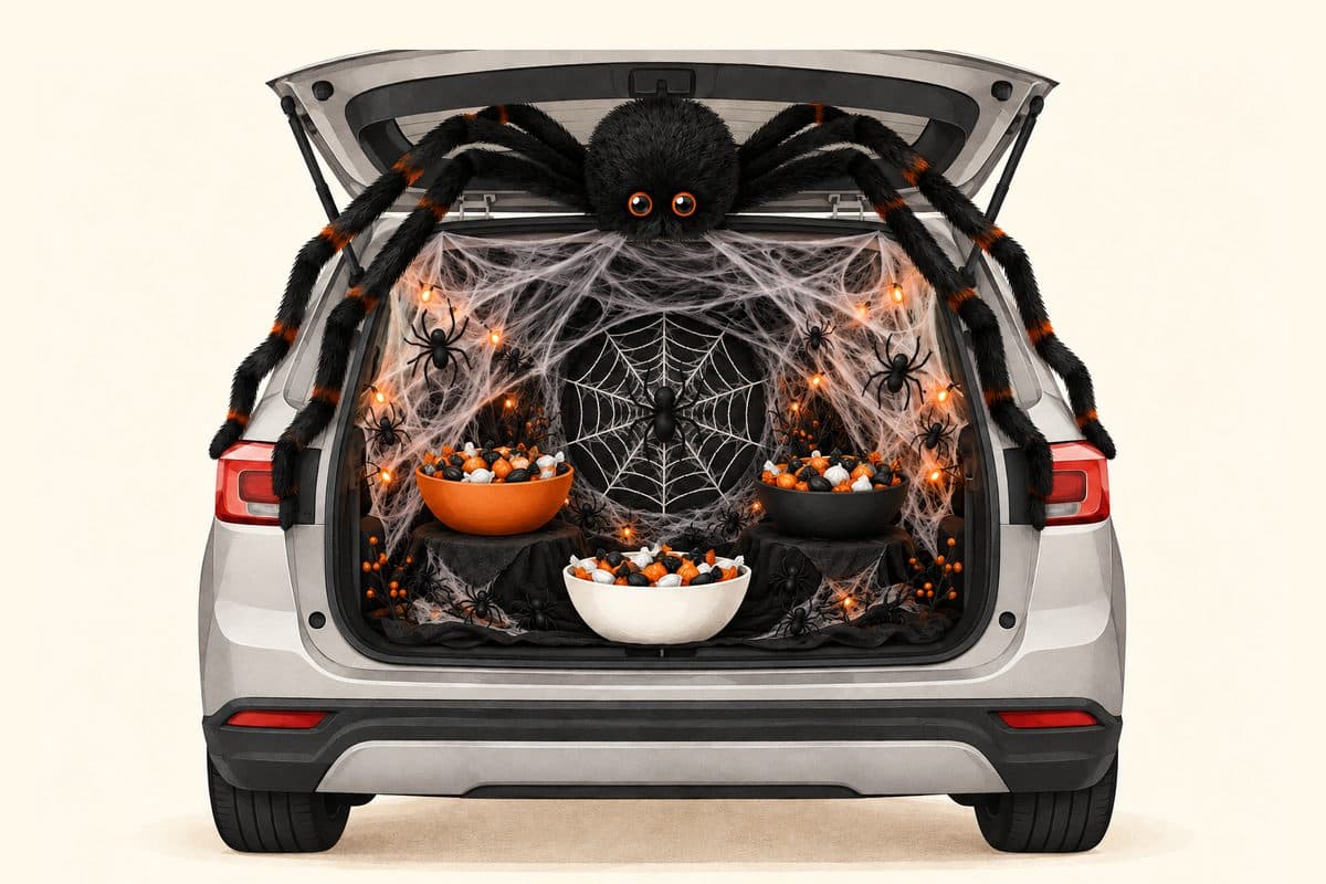 Spider lair trunk with a giant black spider above the hatch, a circular yarn web, small spiders, orange lights and three full candy bowls