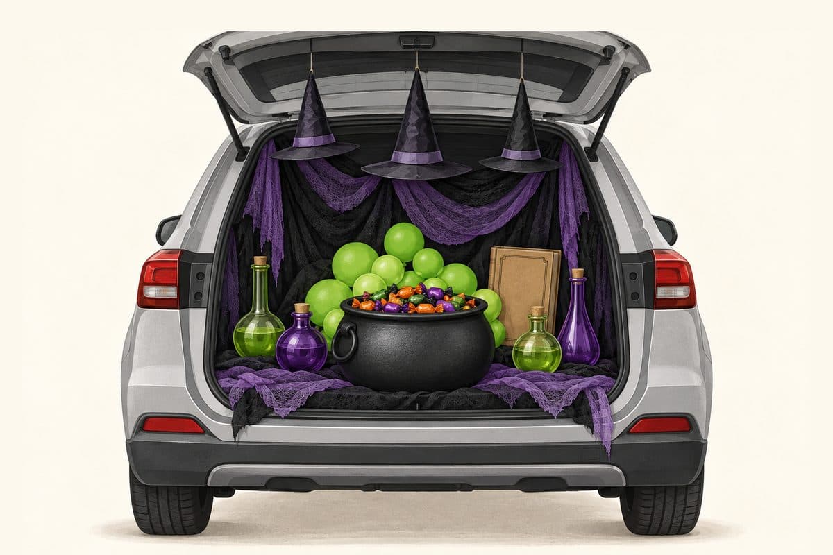 Witch potion shop trunk or treat setup with hanging witch hats, purple cloth, a candy cauldron and green balloon bubbles