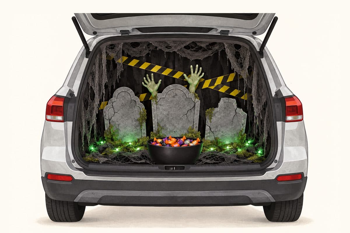 Zombie graveyard trunk or treat setup with gray tombstones, green zombie hands, caution tape and green lights
