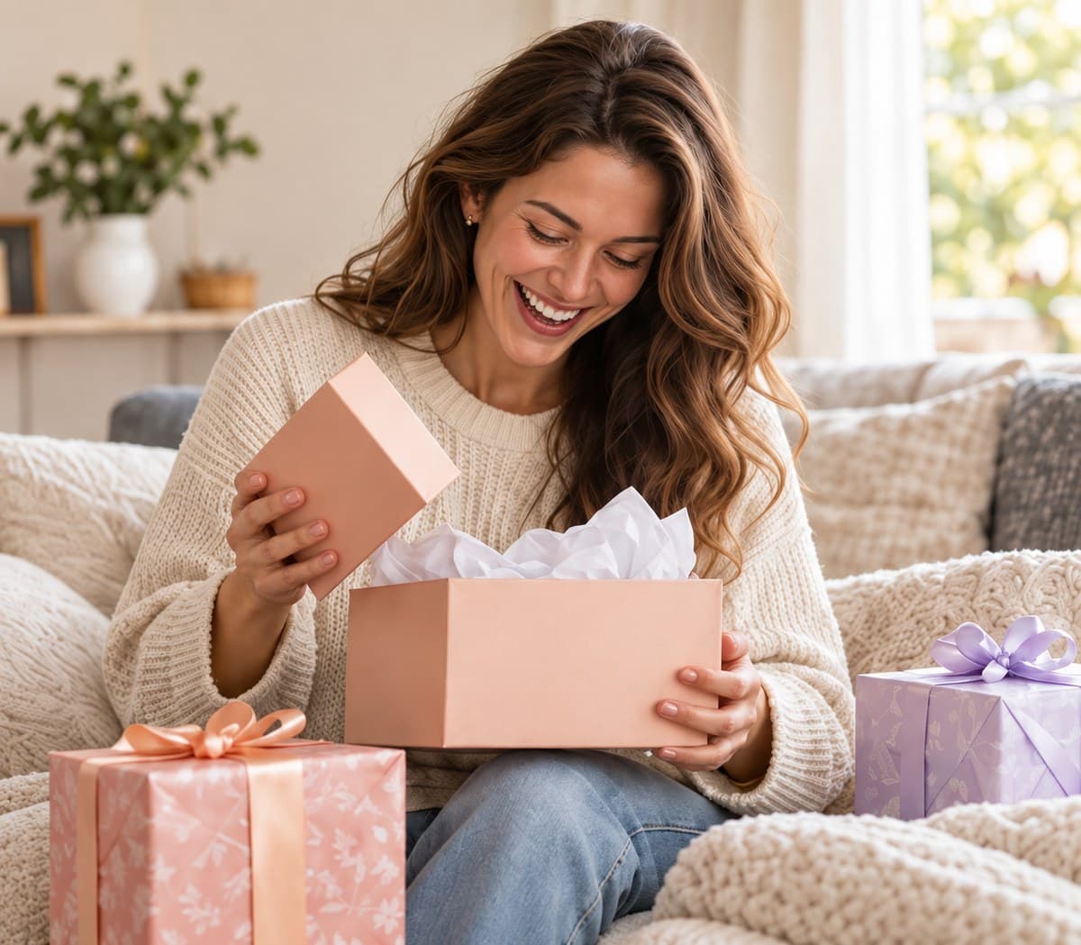 A woman smiling while opening a wrapped gift box