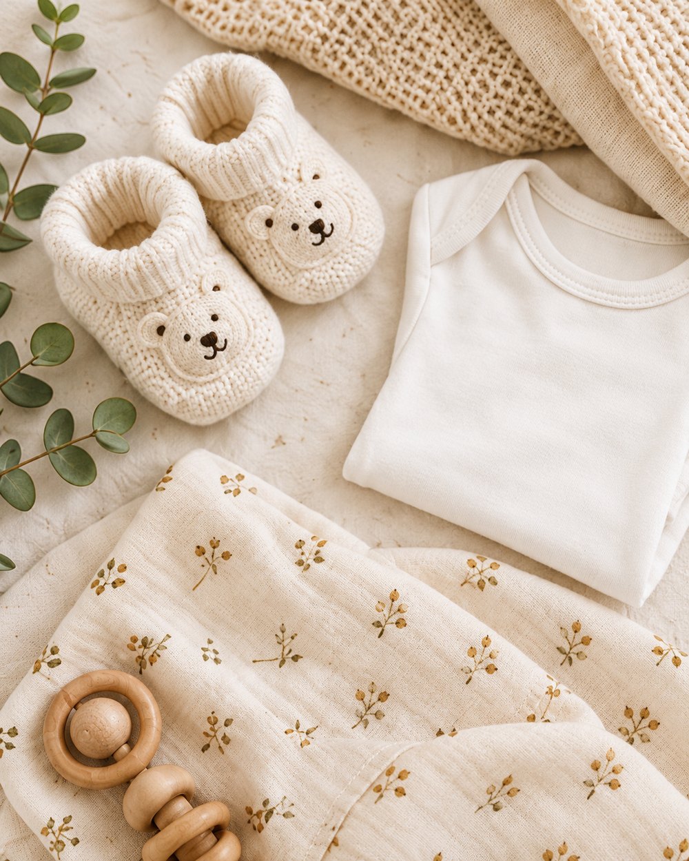 Neutral-toned baby gifts laid out together — knitted bear booties, a plain white bodysuit, a floral muslin wrap and a wooden rattle