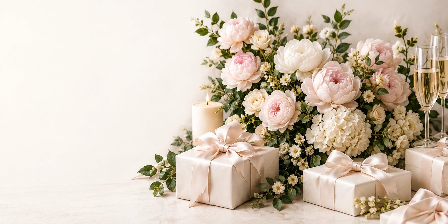 Wedding gifts wrapped in blush ribbon beside peonies and champagne