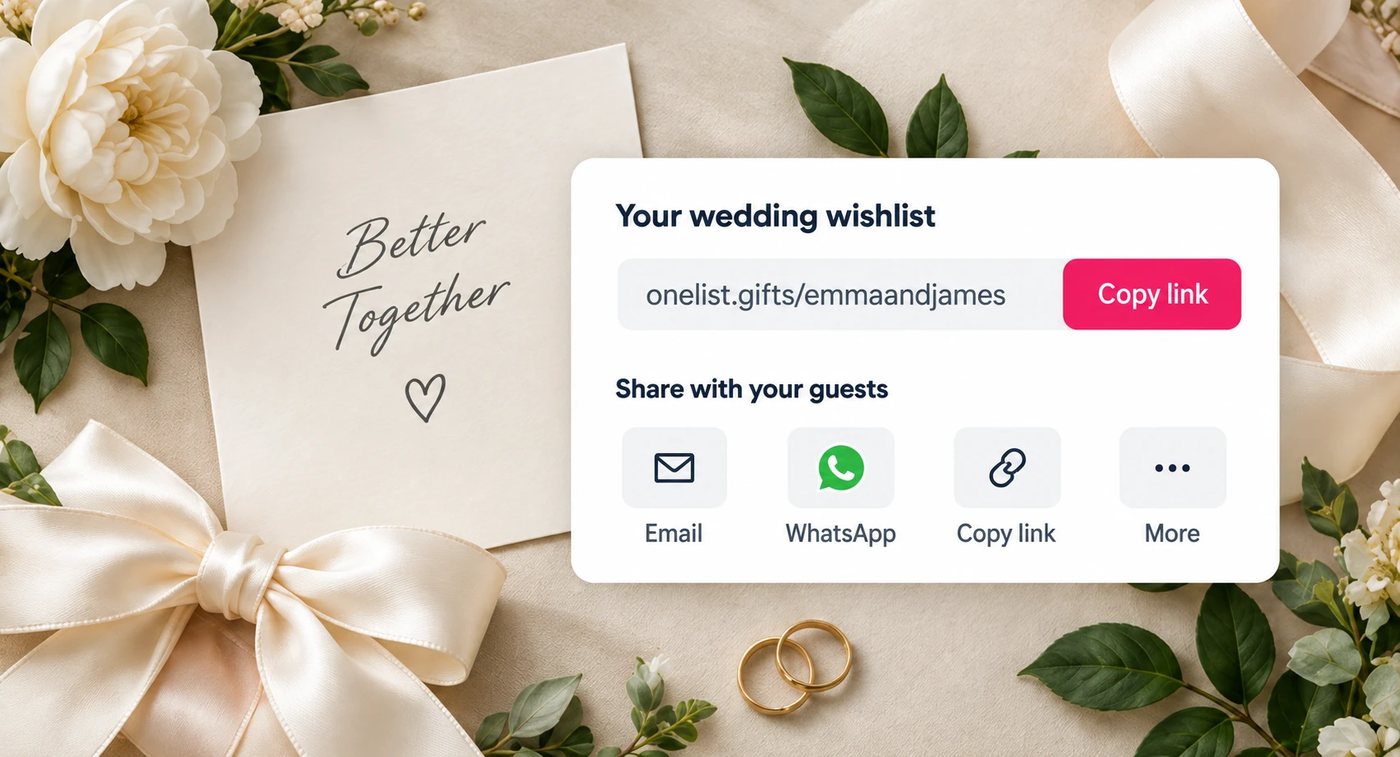 A wedding wishlist share panel beside an invitation card, gold rings and peonies on ivory silk