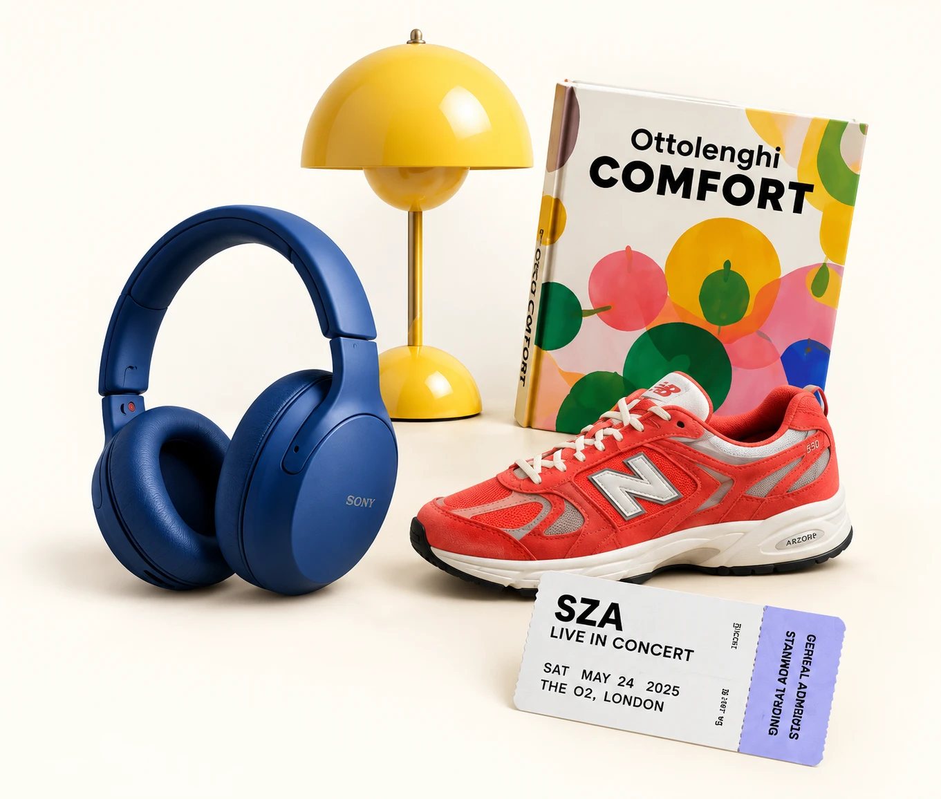 A gift collage: wireless headphones, a table lamp, a cookbook, sneakers and a concert ticket